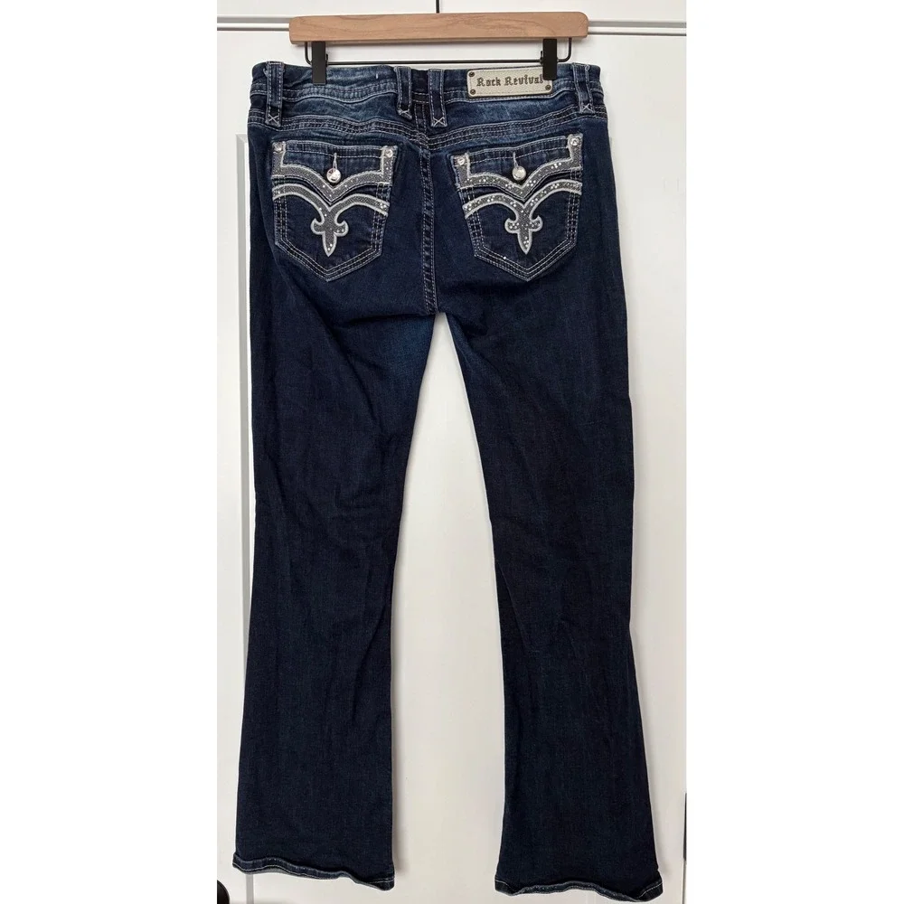 Rock Revival Western Y2K Iselin Easy Boot Jeans 31 Dark Wash Rhinestone - Picture 2 of 10